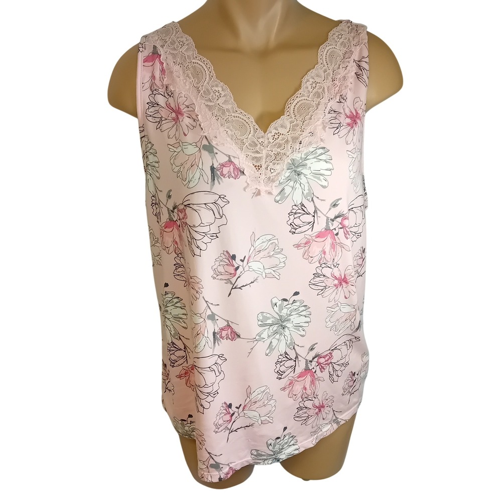 Loungewear By Mis/ Tank Top Pink‎ Floral Lace Sleepwear Night Wear Relaxation L